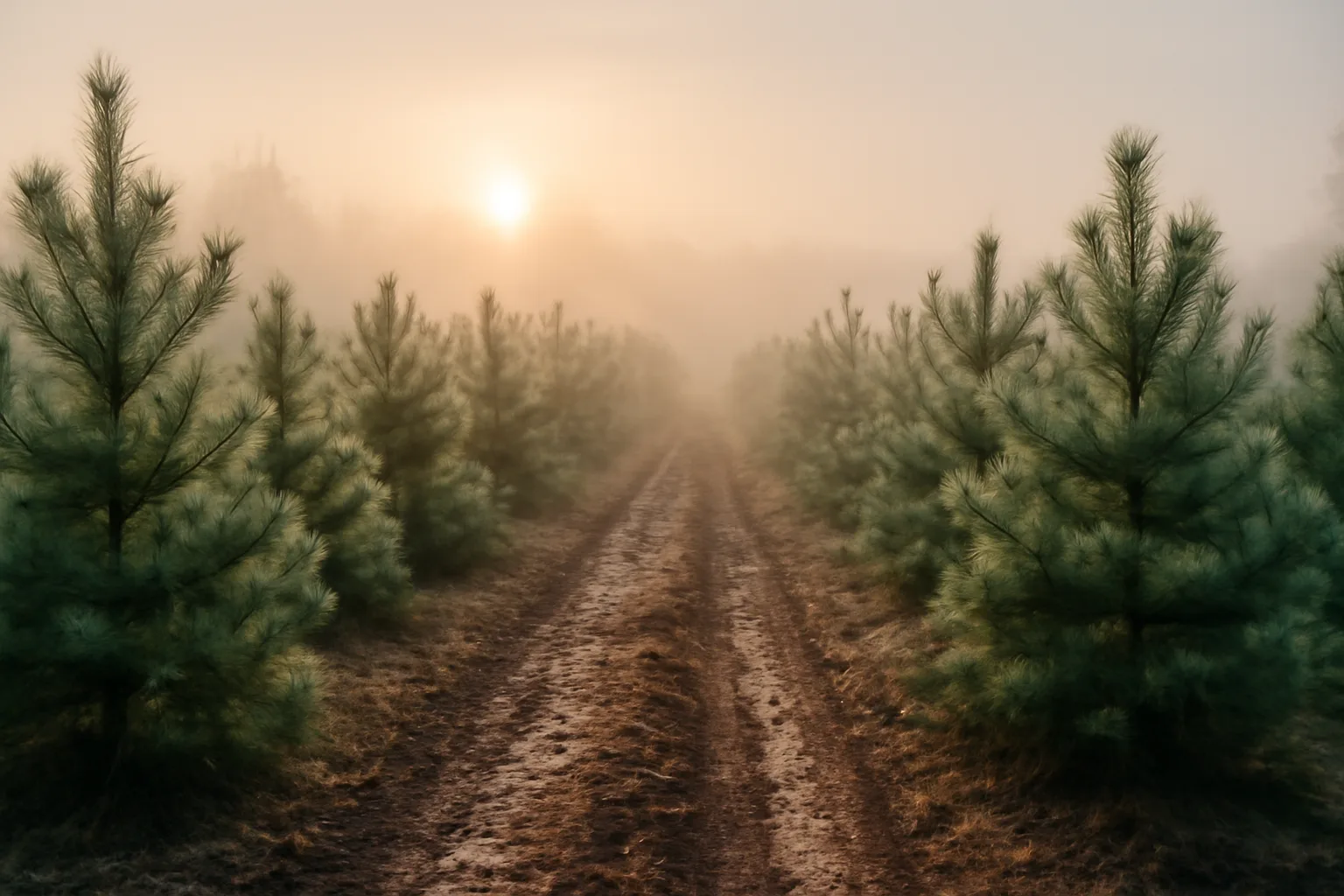 Young Virginia pine rows on an Arkansas Christmas tree farm in winter morning light