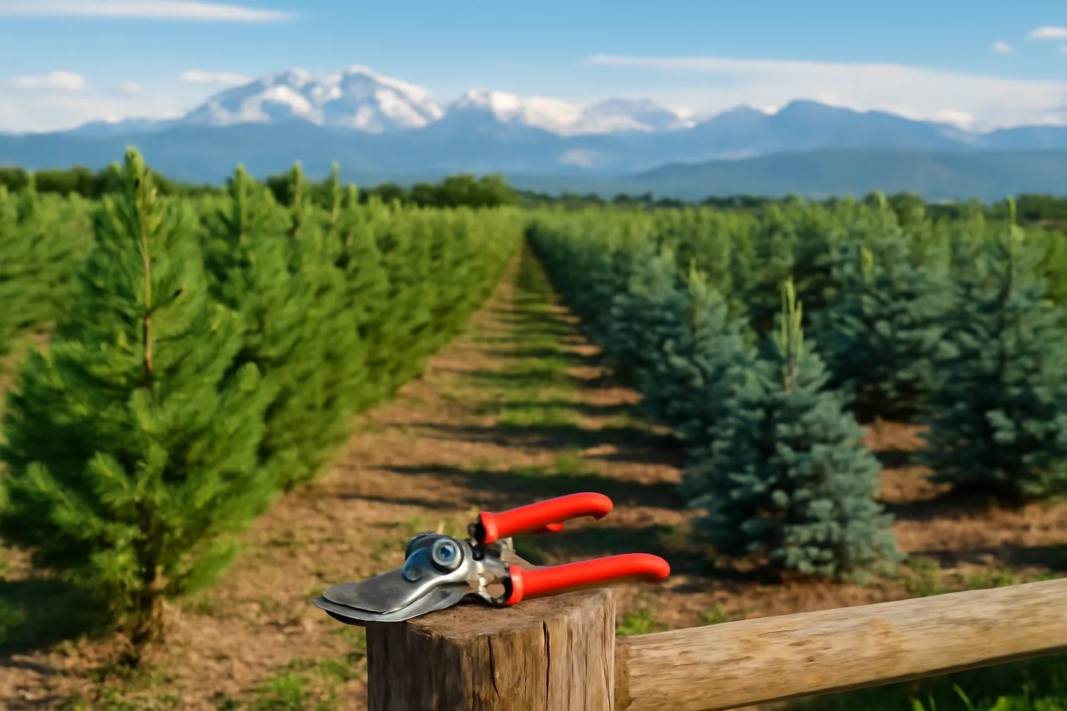 Rows of young conifers on a Colorado tree farm with mountains in the background