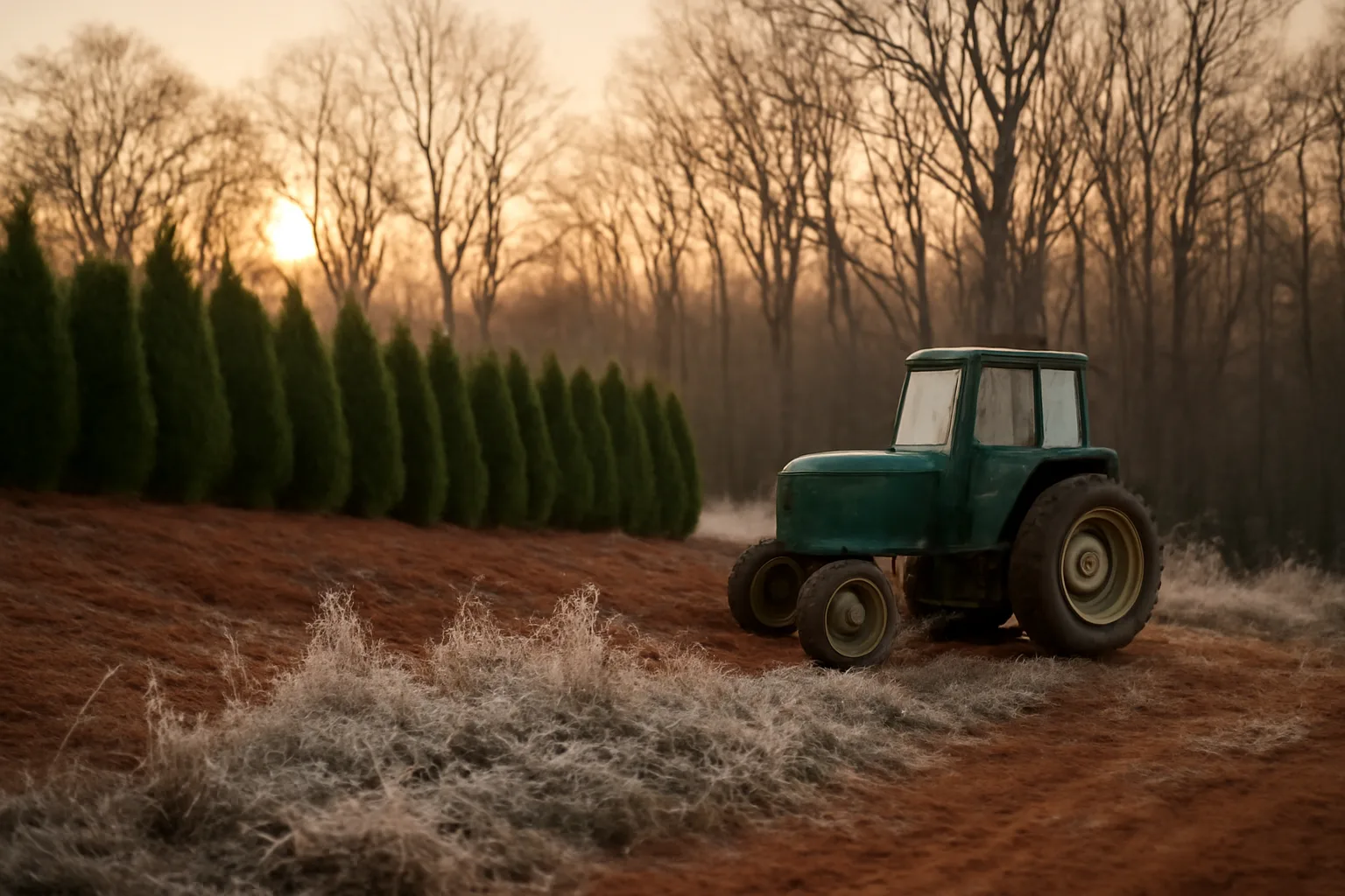 Frosty Leyland cypress rows on a north Georgia Christmas tree farm