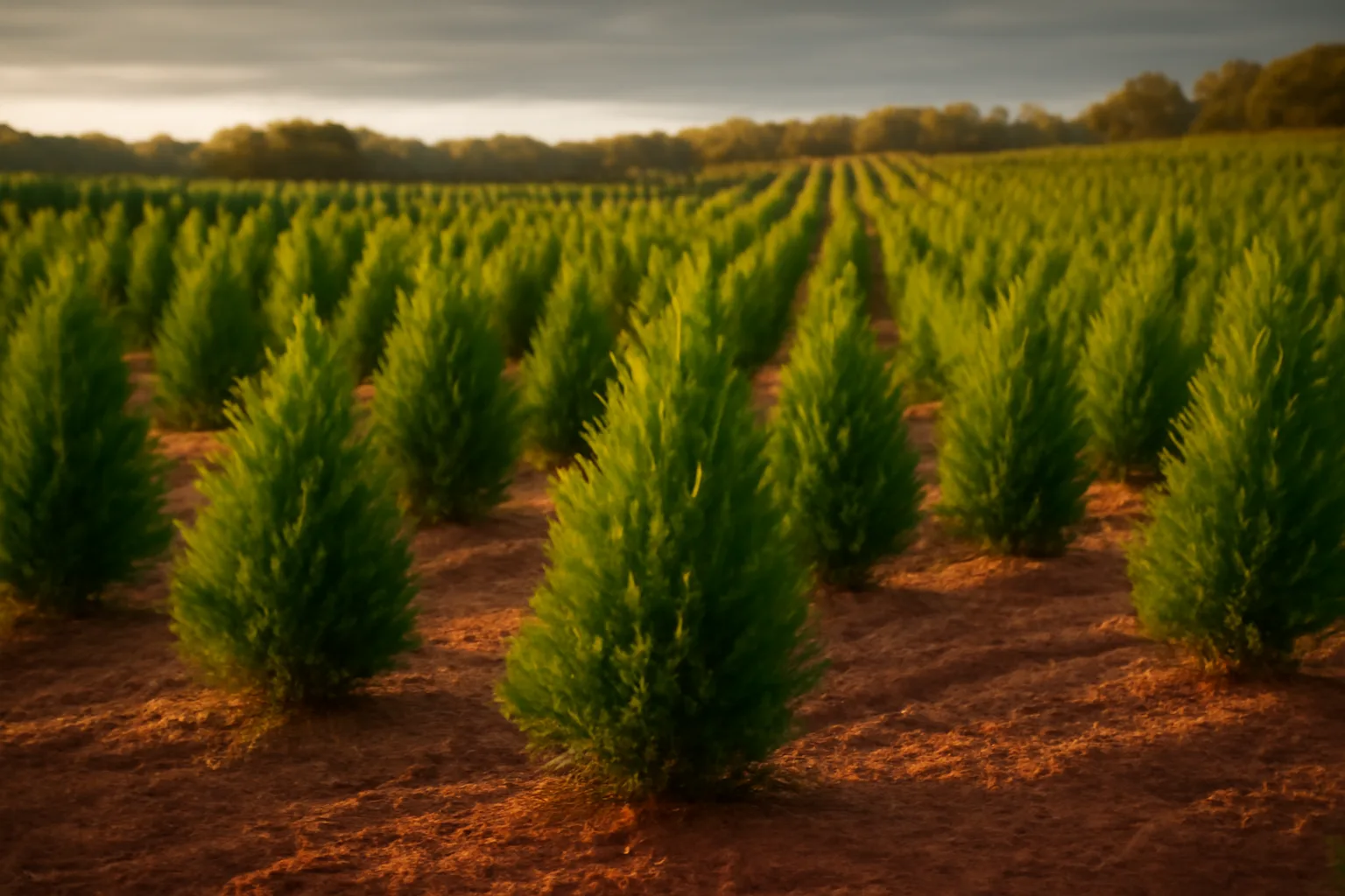 Young Leyland cypress Christmas trees growing in rows on an Alabama farm at golden hour