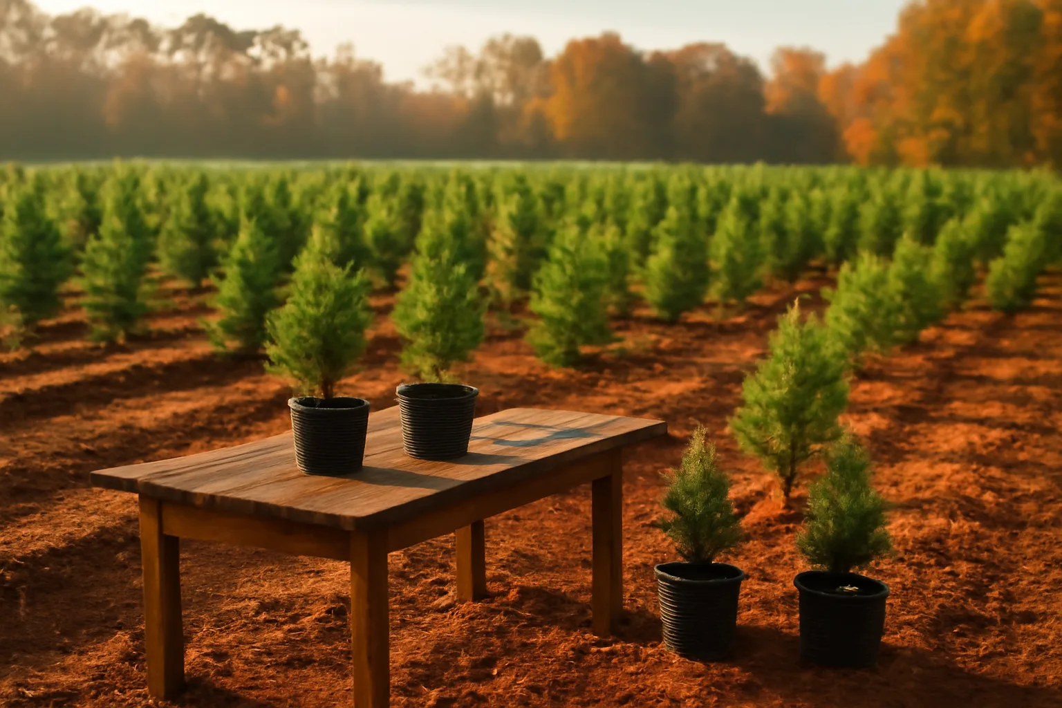 Rows of young Christmas trees on an Arkansas choose-and-cut farm