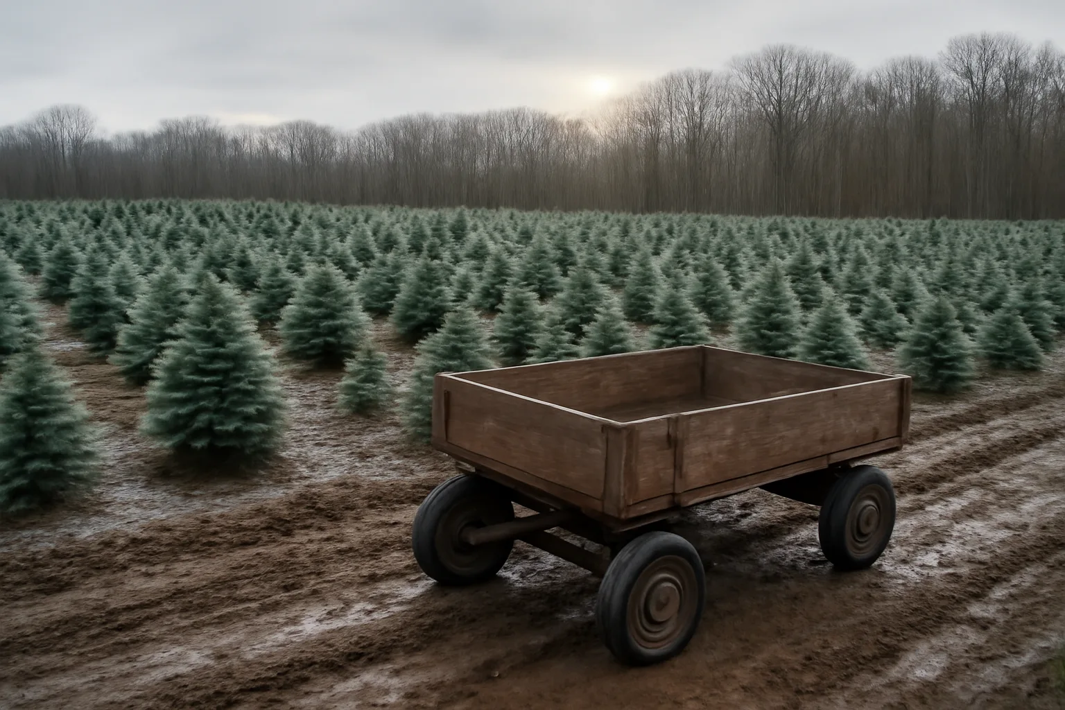 Sheared firs in a muddy Delaware field under winter light