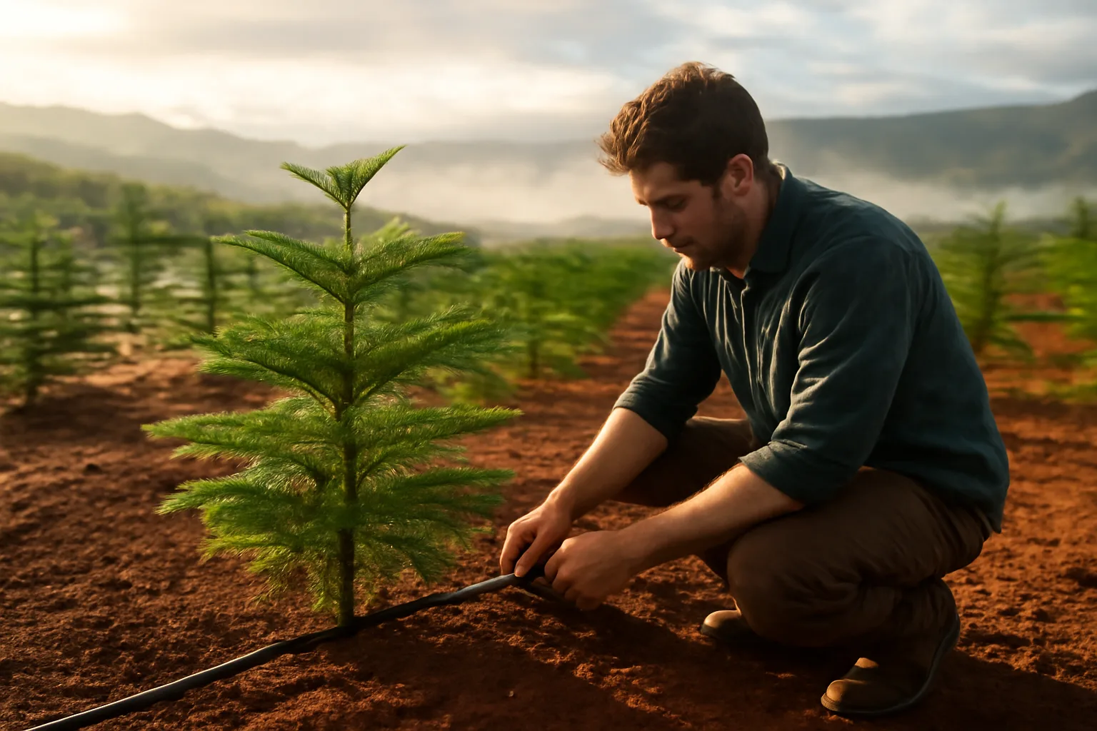 Grower checks drip lines in a young Hawaii Christmas tree planting