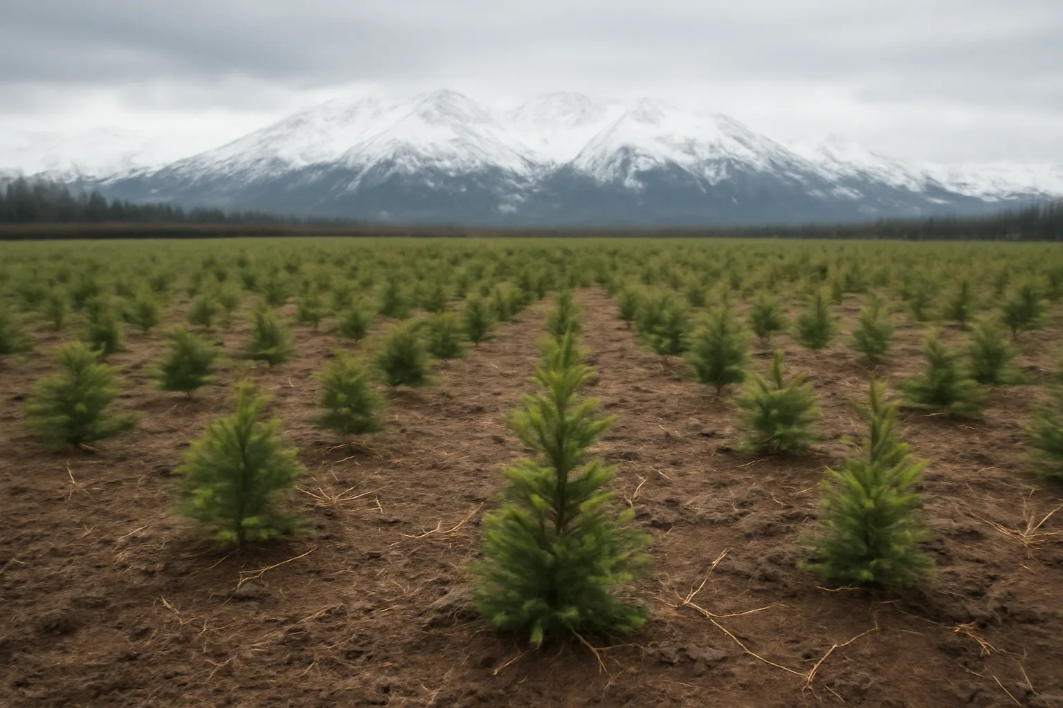 Young white spruce seedlings in a row on an Alaska christmas tree farm with mountains behind