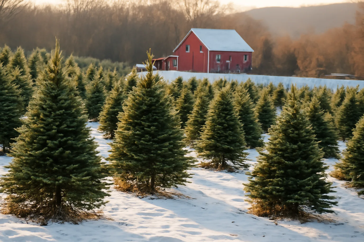 Rows of balsam fir Christmas trees on a snowy Connecticut hillside behind a red barn