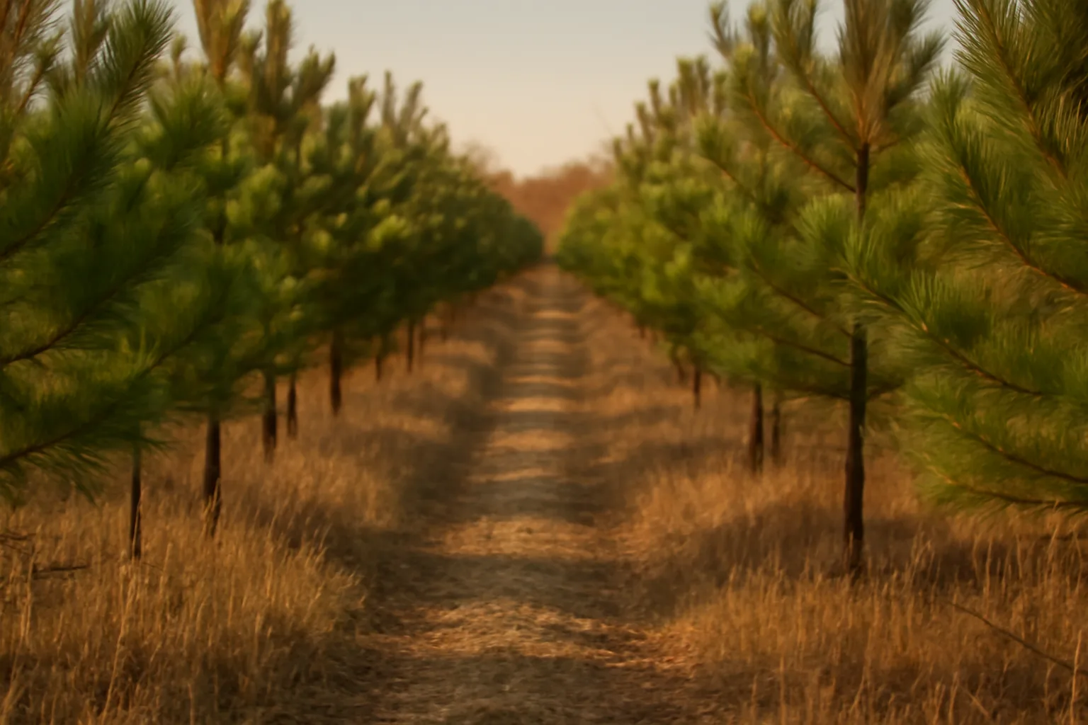 Virginia pine rows on an Arkansas Christmas tree farm in late afternoon