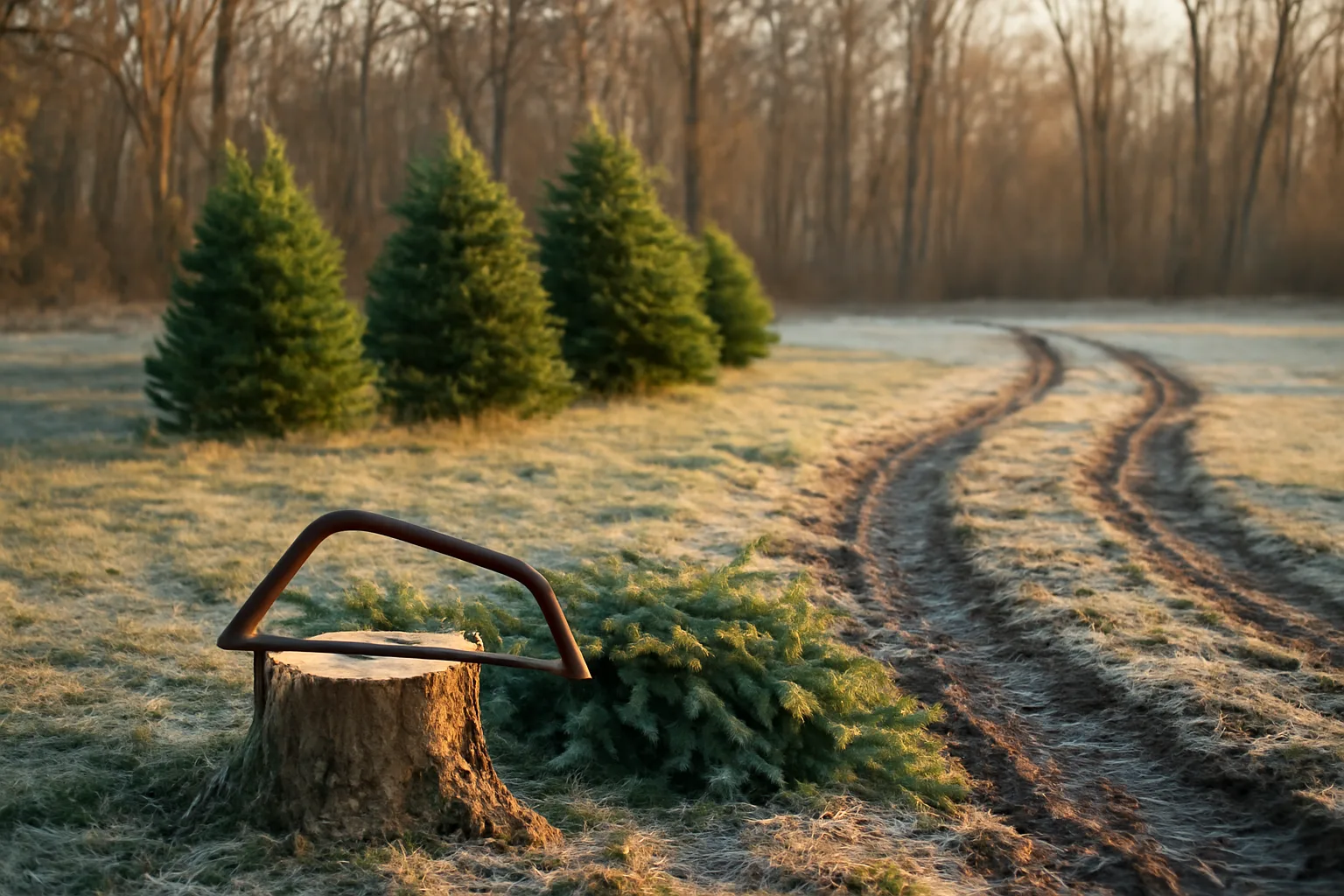 Sheared firs in a frosted Delaware field at winter dusk