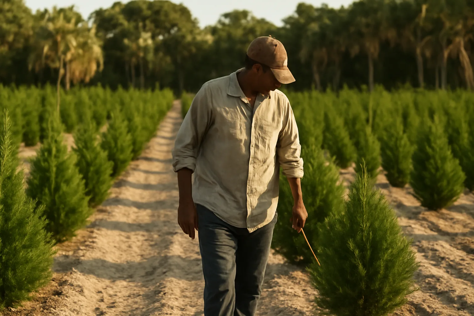Farm worker shearing young cypress on a Florida Christmas tree farm