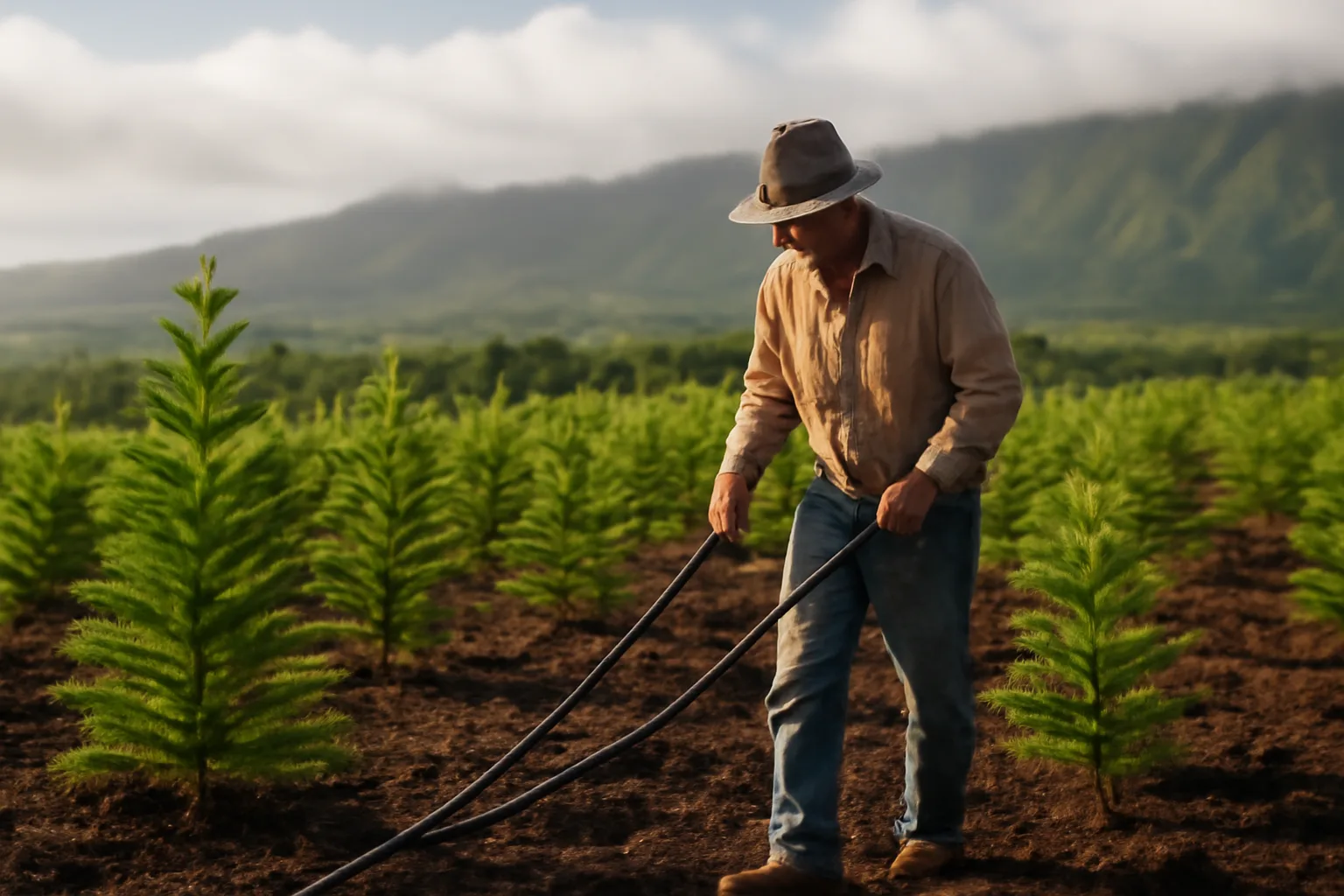 Farmer walking drip lines through young Hawaii Christmas tree pines