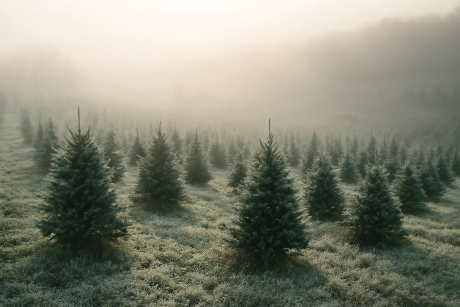 Young fir rows on a Connecticut hillside in frost at sunrise