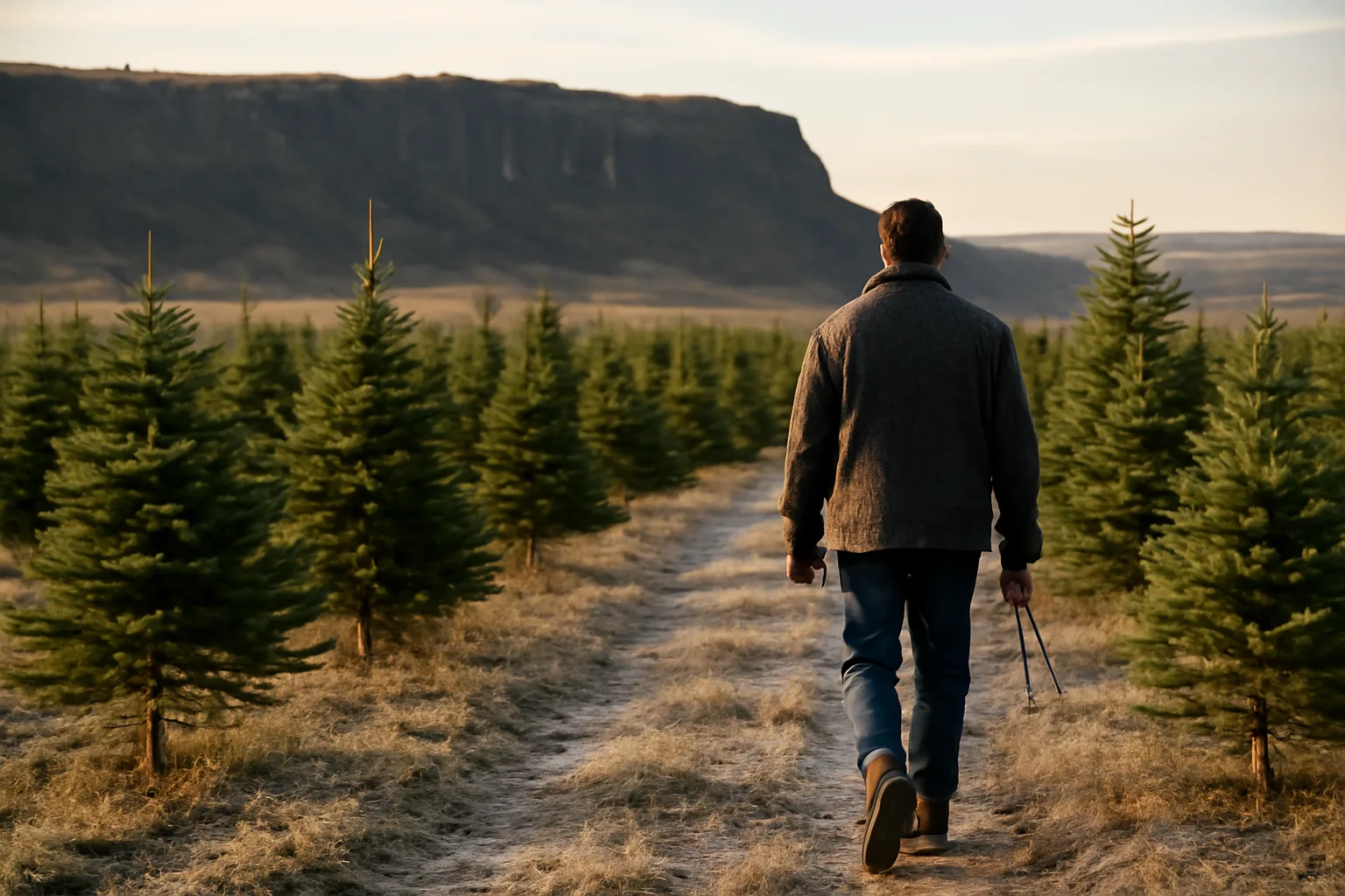 Young Idaho Christmas tree rows in late afternoon frost